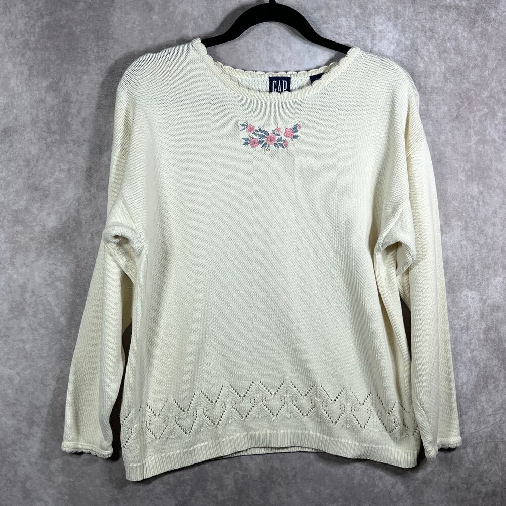 Vintage Gap Sweater Womens Medium Cream Knit‎ Floral Embroidered Cottagecore